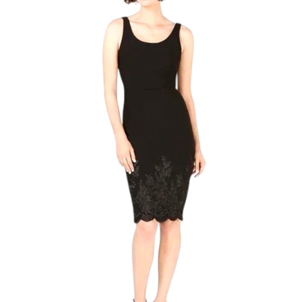 Betsey Johnson Black Crepe Scuba Embroidered Midi‎ Bodycon Dress